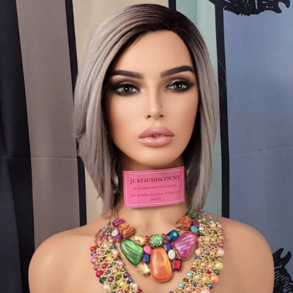 wowfactor platinum silver grey dark root sexy bob wig